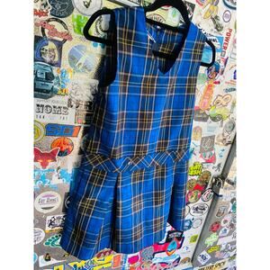 1990s Vintage USA Made Blue Plaid School girl Dress Size Girls large Womens